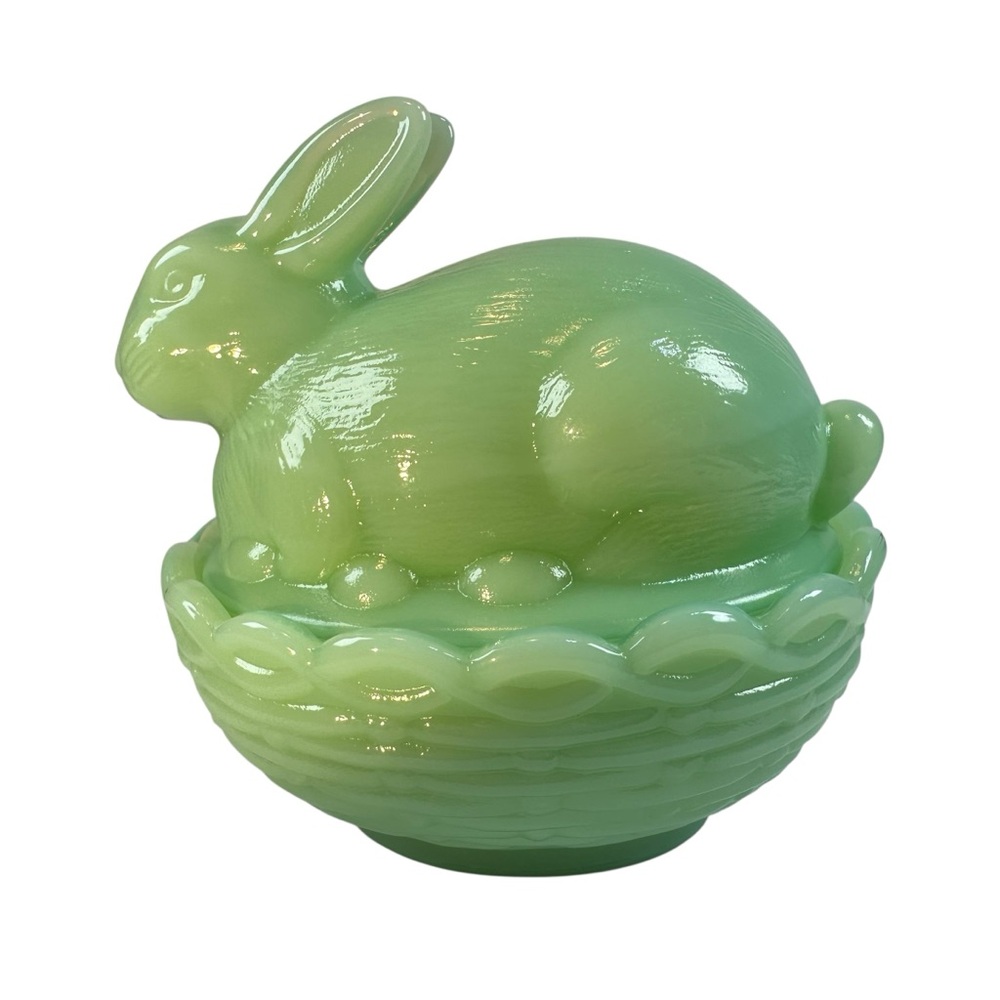 Mosser Bunny On A Basket Art Glass Rabbit Nest Jadeite Green Covered Dish New